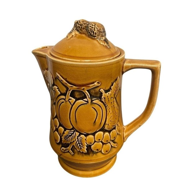 Vintage Harvest Gold Ceramic Tea Coffee Set Fruit Relief Squirrel Finial 5pc - Picture 2 of 16